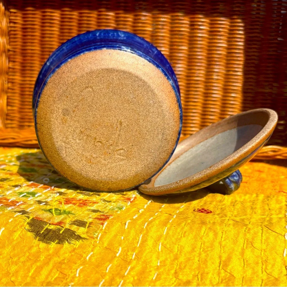 Original Signed Lidded Blue Ceramic Butter Dish